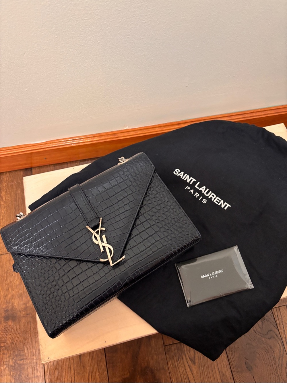 Saint Laurent Navy Blue Croc-Embossed Envelope silver hardware Shoulder Bag